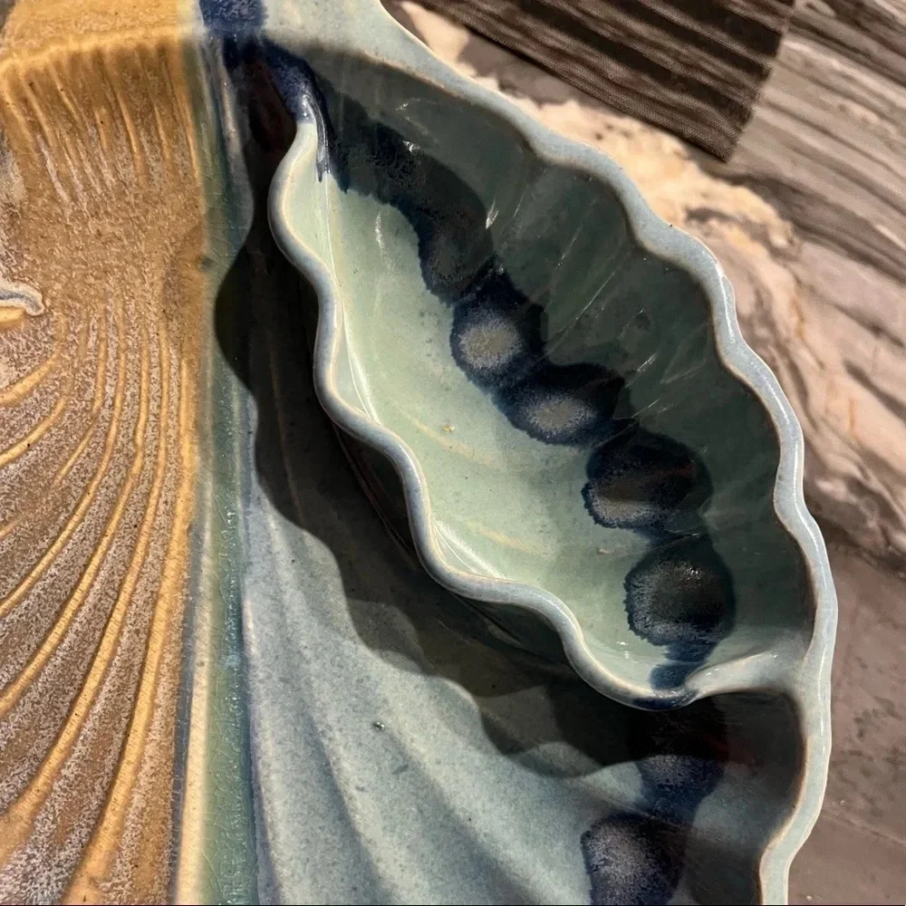 Palms Up Blue Shell Form Divided Dish Handmade